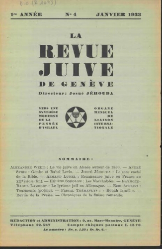 La Revue Juive de Genève. Vol. 1 n° 4 fasc. 4 (janvier 1933)